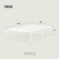 16 Inch Metal Platform Bed Frame, Heavy Duty Steel Slats, White, Twin