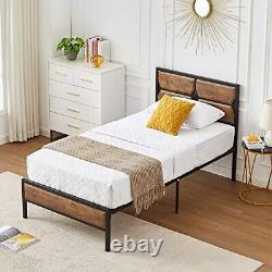Bed Frame Heavy Duty Metal Platform with Wooden Twin Classic Brown Modern