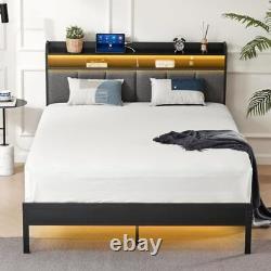 Bed Frame with LED Lights Headboard Size Heavy Duty Metal Hybrid Bed Twin Grey