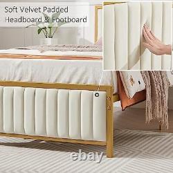 Bed Frame with Upholstered Tufted Headboard & Footboard, Heavy Duty Twin Gold