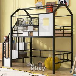 Heavy Duty Loft Bed with Stairs Twin Size House Bunk Bed Frames Metal Kids Beds