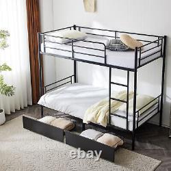 Heavy Duty Metal Bunk Bed Frame Twin Over Full Size with 2 Storage Drawers BlackWp