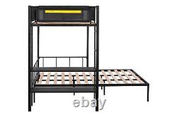 Heavy Duty Metal Bunk Bed Frame Twin Over Full Size with Shelves&Grid Panel, Black