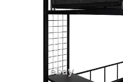 Heavy Duty Metal Bunk Bed Frame Twin Over Full Size with Shelves&Grid Panel, Black
