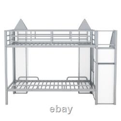 Heavy Duty Metal Bunk Bed with Staircases Wardrobe Castle-shaped Storage Shelves