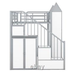 Heavy Duty Metal Bunk Bed with Staircases Wardrobe Castle-shaped Storage Shelves