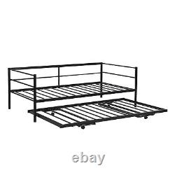 Heavy-Duty Metal Daybed with Pull Out Trundle Twin Size Bed Frame Sofa Bed Black