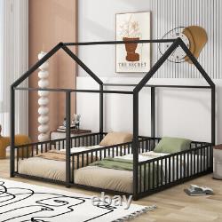 Heavy Duty Metal Floor House Beds 2 in 1 Platform Beds Twin Size Kids Bed Frames