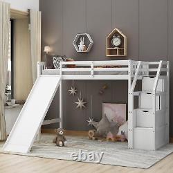 Heavy Duty Twin Size Bed Frame Loft Bed With Slide Ladder 3 Storage Cases