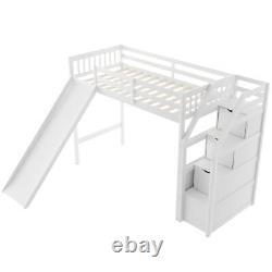 Heavy Duty Twin Size Bed Frame Loft Bed With Slide Ladder 3 Storage Cases