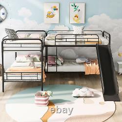 L Shaped Heavy Duty Metal Bunk Bed Frame Twin Size For 4 People With Slide Ladder