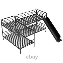 L Shaped Heavy Duty Metal Bunk Bed Frame Twin Size For 4 People With Slide Ladder