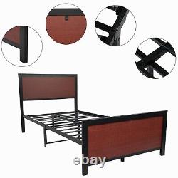 Metal Bed Frame Steel Slat Support Wooden Headboard Heavy Duty Twin/Full/Queen