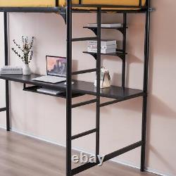 Metal Twin Size Loft Bed Frame with Desk Shelf Ladder Guardrail Heavy-duty