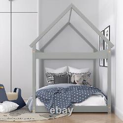 Twin House Bed Frame Stable Kids Platform Floor Bed with Heavy-Duty Slats Grey