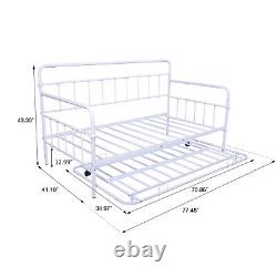 Twin Metal Daybed with Roll Out Trundle Heavy Duty Frame Sofa Bed Set White