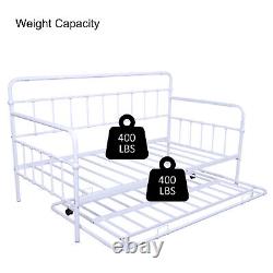 Twin Metal Daybed with Roll Out Trundle Heavy Duty Frame Sofa Bed Set White