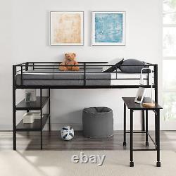 Twin Metal Loft Bed Frame Heavy-duty Loft Bed with Desk and Shelving, Black