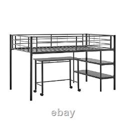 Twin Metal Loft Bed Frame Heavy-duty Loft Bed with Desk and Shelving, Black