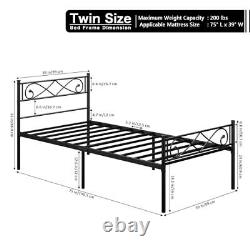 Twin Metal Platform Bed Frame with Headboard, Heavy Duty Steel Slat Support, Ma