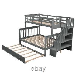 Twin-Over-Full Bunk Bed Heavy Duty Wood Bed Frame with Trundle Sturdy Gray