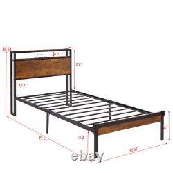 Twin Size Bed Frame Heavy Duty Metal Wood Platform Headboard Footboard USB LINER