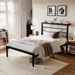 Twin Size Bed Frame with Headboard Shelf, Heavy Duty Platform Bed Frame with