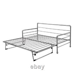 Twin Size Daybed withAdjustable Pop Up Trundle Heavy Duty Metal Bed Frame Silver