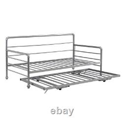 Twin Size Daybed withAdjustable Pop Up Trundle Heavy Duty Metal Bed Frame Silver