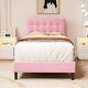 Twin Size Heavy-Duty Frame Metal Platform Bed with Velvet Upholstery Pink