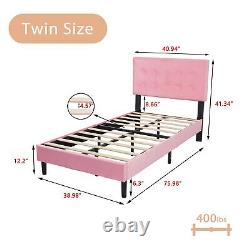 Twin Size Heavy-Duty Frame Metal Platform Bed with Velvet Upholstery Pink