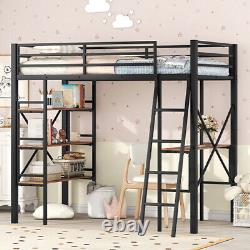 Twin Size Loft Bed with Desk & 3 Storage Shelves Heavy Duty Metal Loft Bed Frame