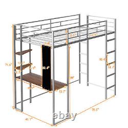 Twin Size Loft Bed with Desk and Shelves, Heavy Duty Metal Loft Bed Frame for Schol