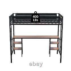 Twin Size Loft Bed with Desk and Shelves Heavy Duty Metal Loft Bed Frames Black