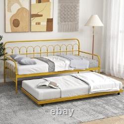 Twin Size Metal Bedroom Daybed Home Heavy Duty Trundle Lockable Wheels Bed Frame