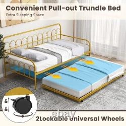 Twin Size Metal Bedroom Daybed Home Heavy Duty Trundle Lockable Wheels Bed Frame