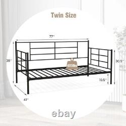 Twin Size Metal Daybed Sofa Bed Frame Heavy Duty Platform With Armrests & Backrest