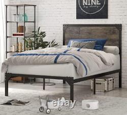 Twin Size Metal Platform Bed Frame with Wood Headboard, Heavy Duty Metal Slats