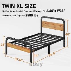 Twin XL Bed Frames with Wooden Headboard, Heavy Duty Platform Metal, No Box S