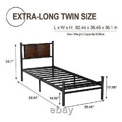 Twin XL Size Bed Frame with Rustic Wood Headboard, Metal Heavy Duty Platform