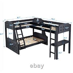 Upholstered Triple Bunk Bed Heavy Duty L-Shaped Loft Bed with Desk Velvet Bedframe